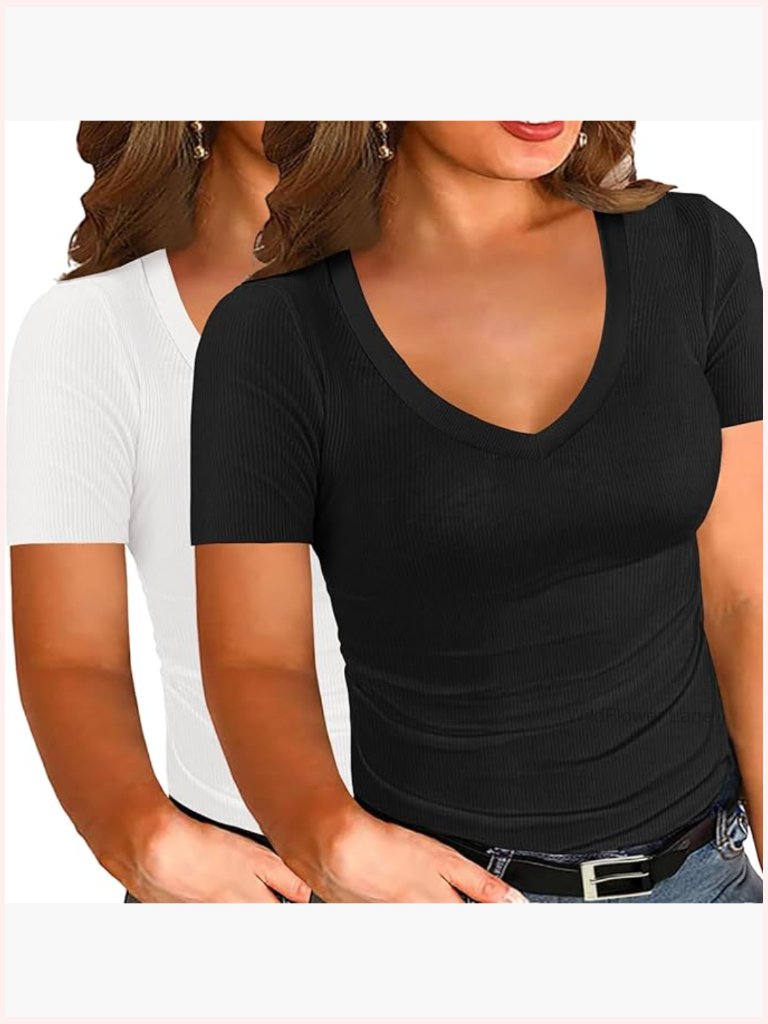 Women's Plus Size V Neck Short Sleeve Ribbed Knit Tee Casual Fitted Blouse